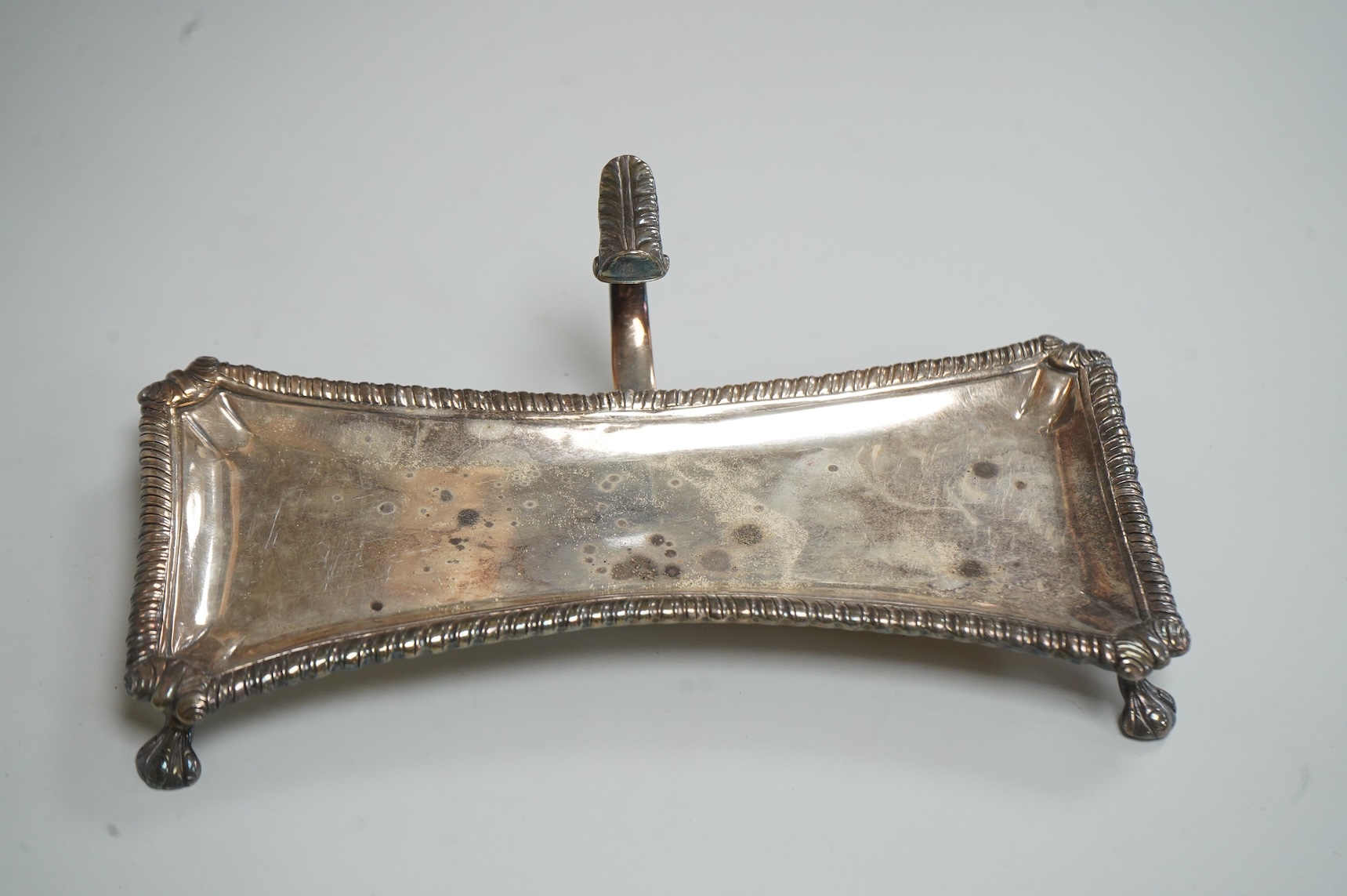 A pair late George II silver candle snuffers and similar stand, stand WC?, London, 1769, 18.5cm, snuffers I.B, London, 1769, 9oz.